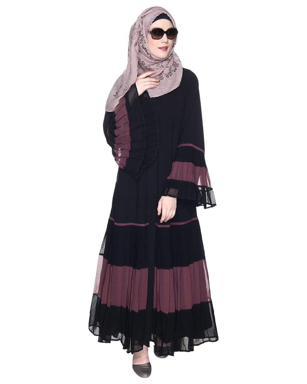 Bell Style Pleated Georgette Abaya Imperial Purple & Black