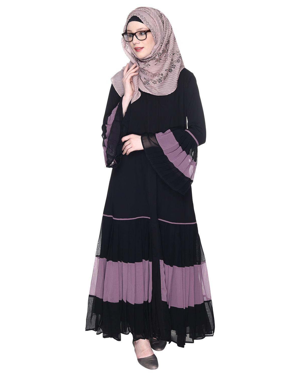 Bell Style Pleated Georgette Abaya Light Purple Black