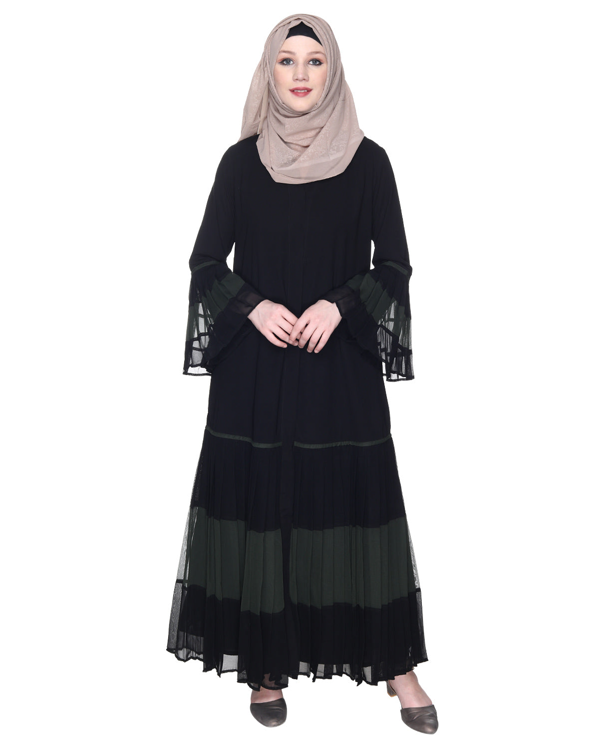 Bell Style Pleated Georgette Abaya Olive Black