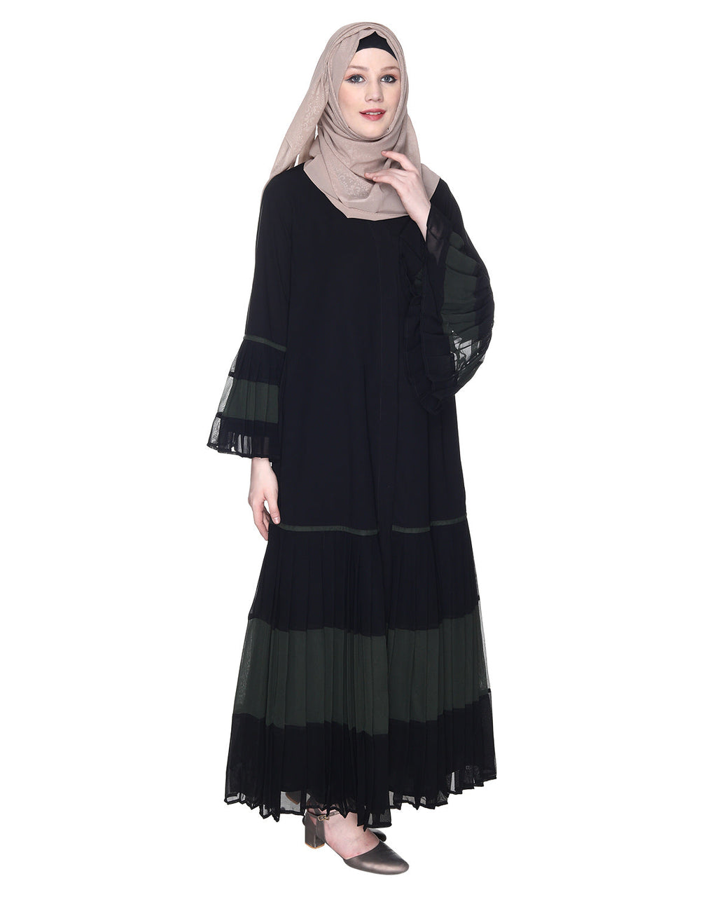 Bell Style Pleated Georgette Abaya Olive Black