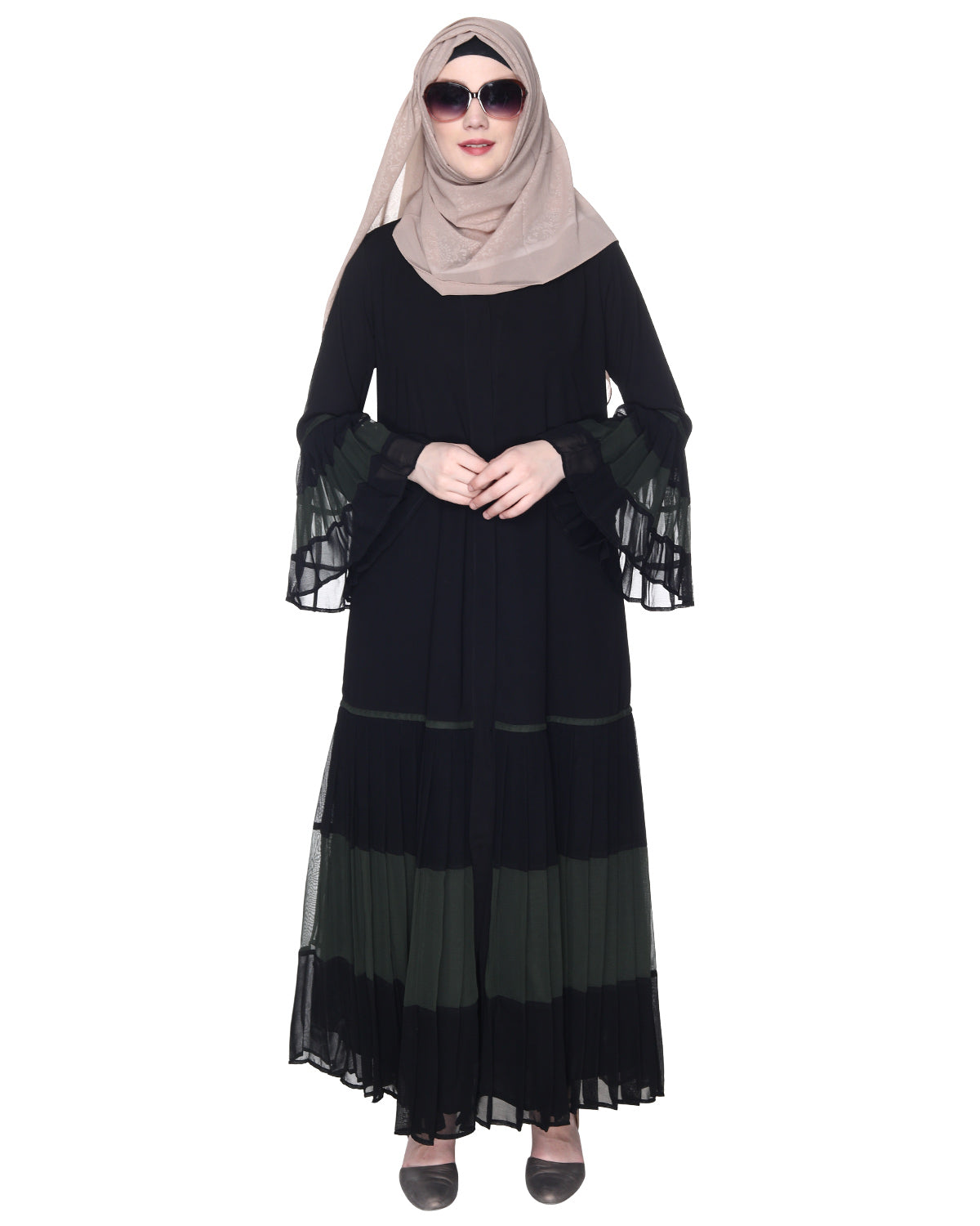 Bell Style Pleated Georgette Abaya Olive Black