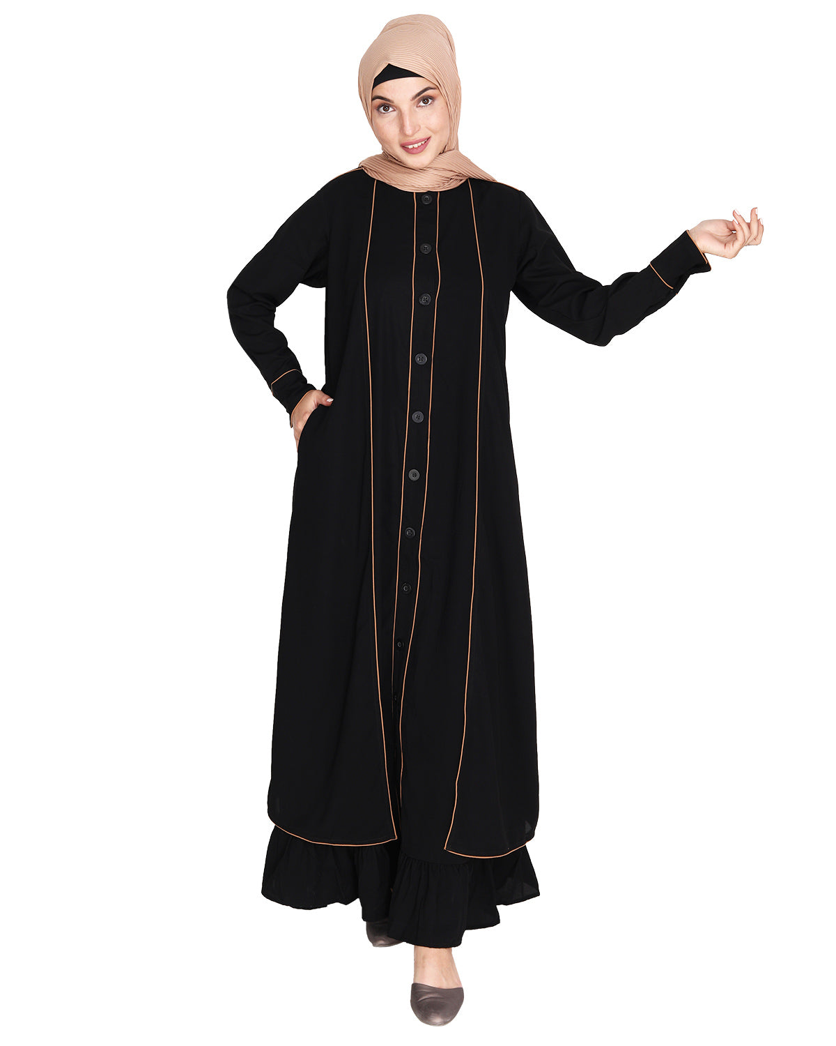Two Panel Abaya with Beige Piping Design