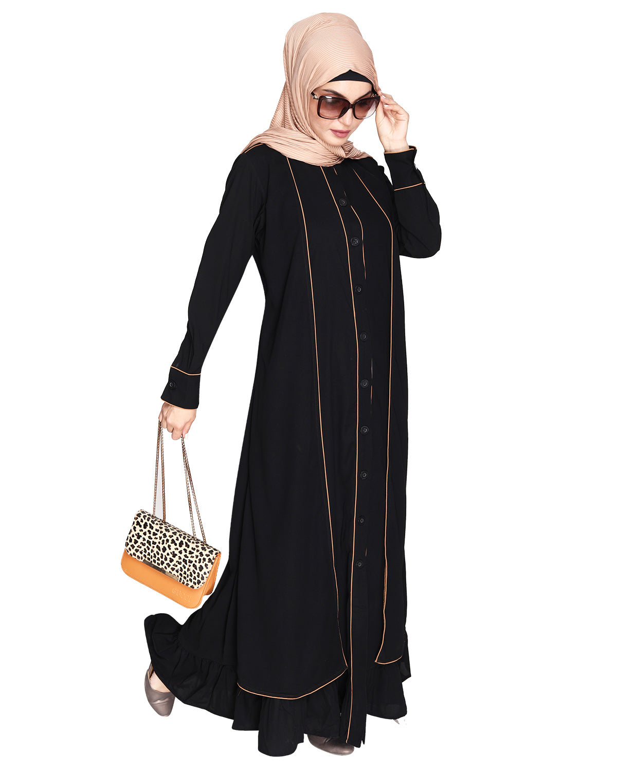Two Panel Abaya with Beige Piping Design Black