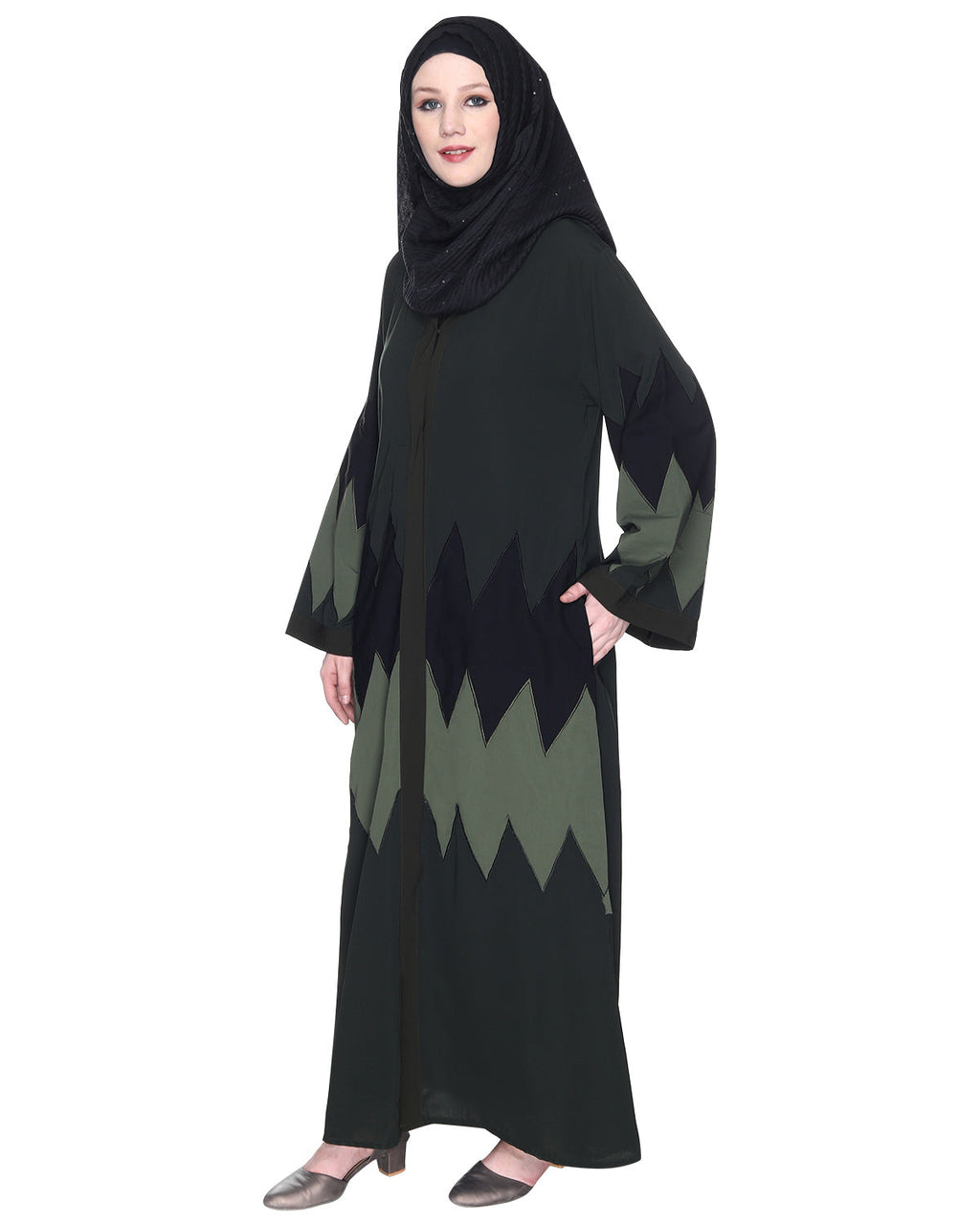 Zig Zag Style Olive Green Abaya With Shaded Embroidered Panels
