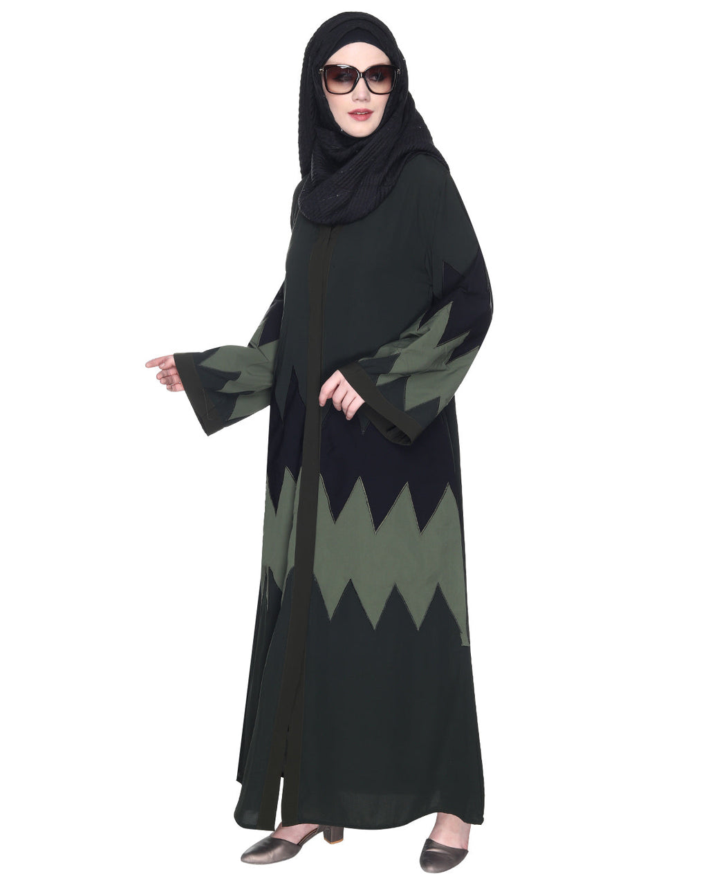 Zig Zag Style Olive Green Abaya With Shaded Embroidered Panels OLIVE GREEN