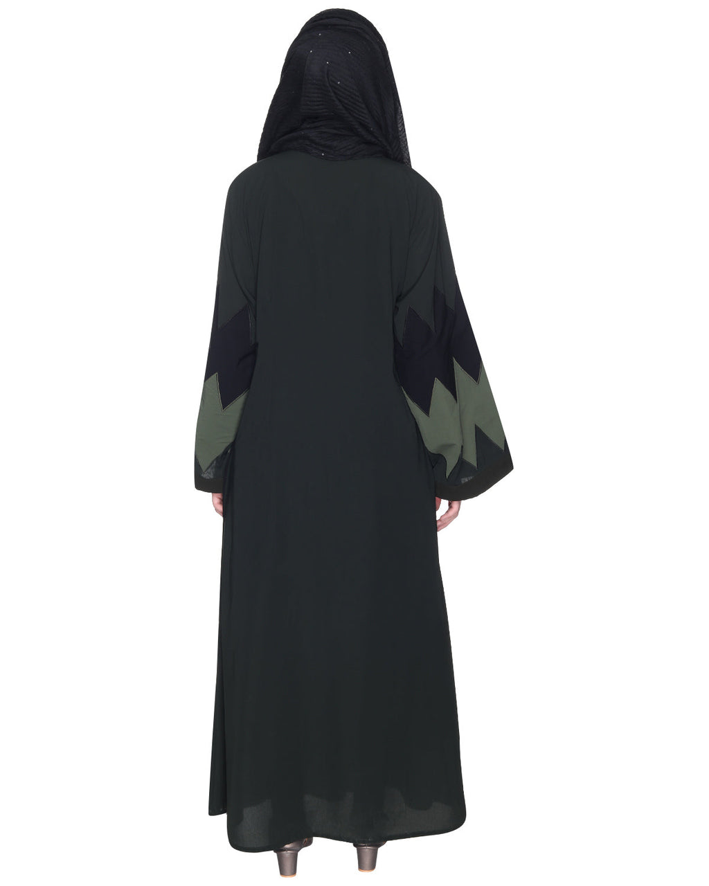Zig Zag Style Olive Green Abaya With Shaded Embroidered Panels OLIVE GREEN