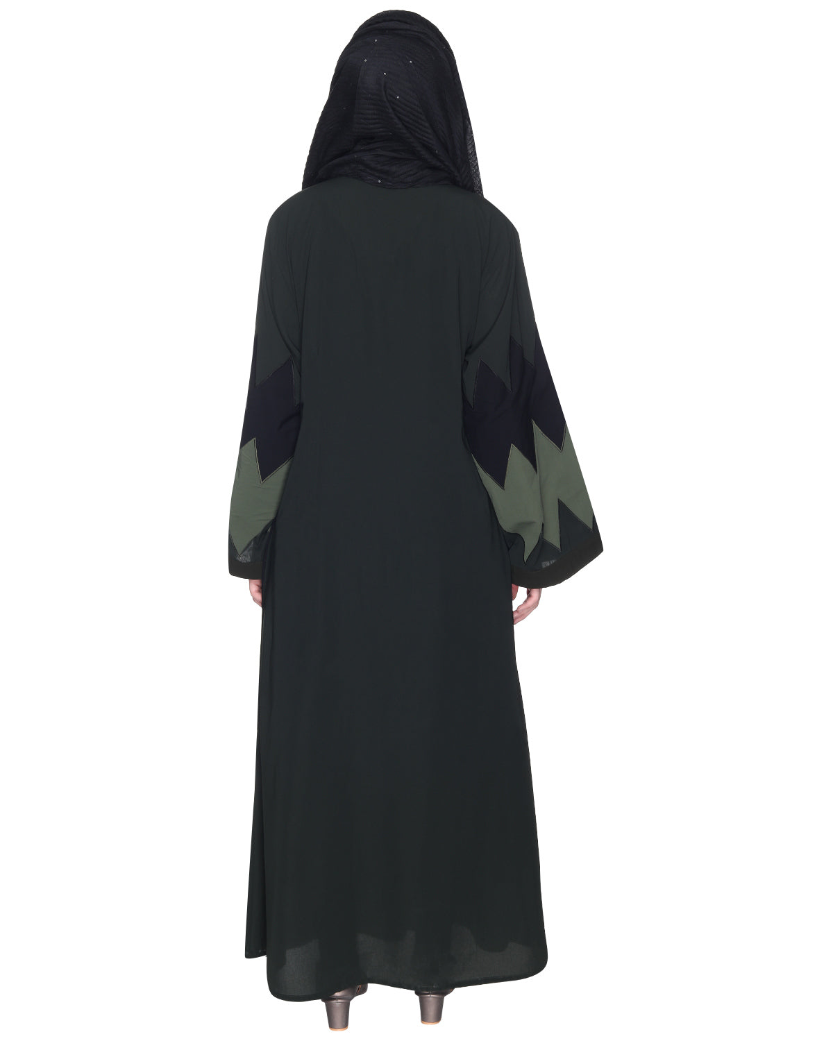 Zig Zag Style Olive Green Abaya With Shaded Embroidered Panels OLIVE GREEN