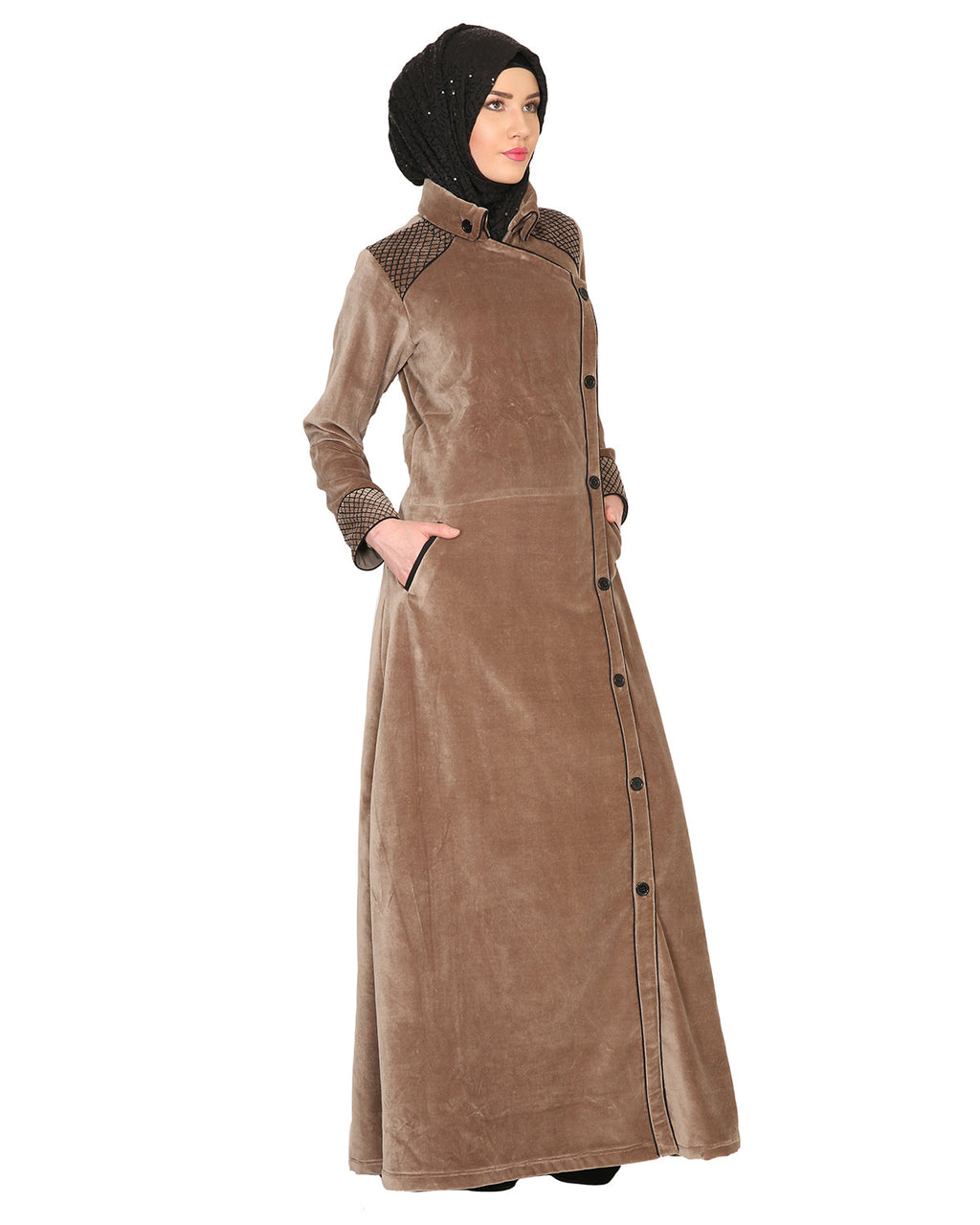 Oak-colored Velvet Coat-style Abaya Beige