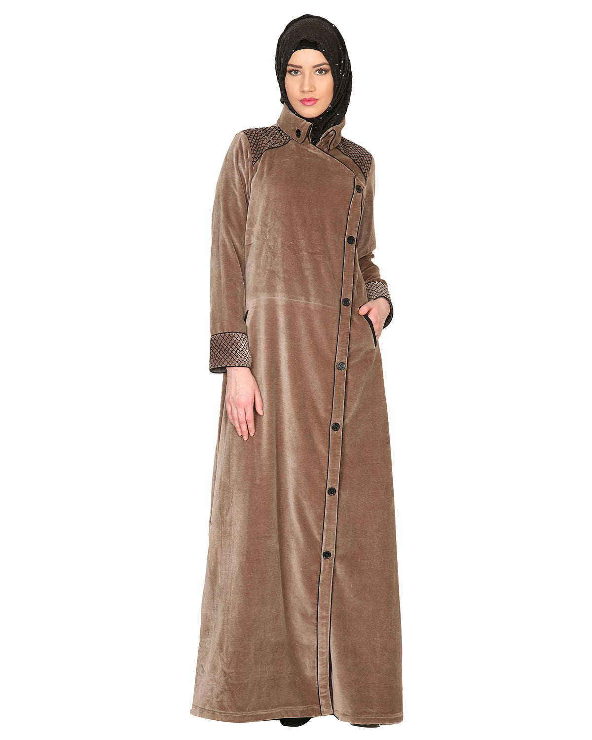 Oak-colored Velvet Coat-style Abaya Beige