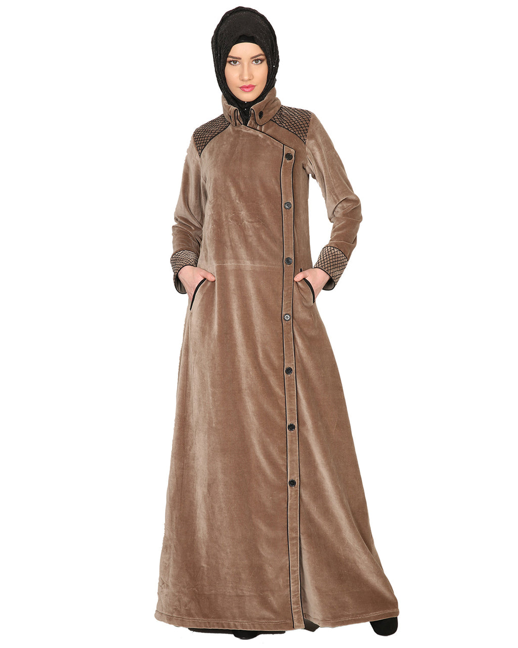 Oak-colored Velvet Coat-style Abaya Beige