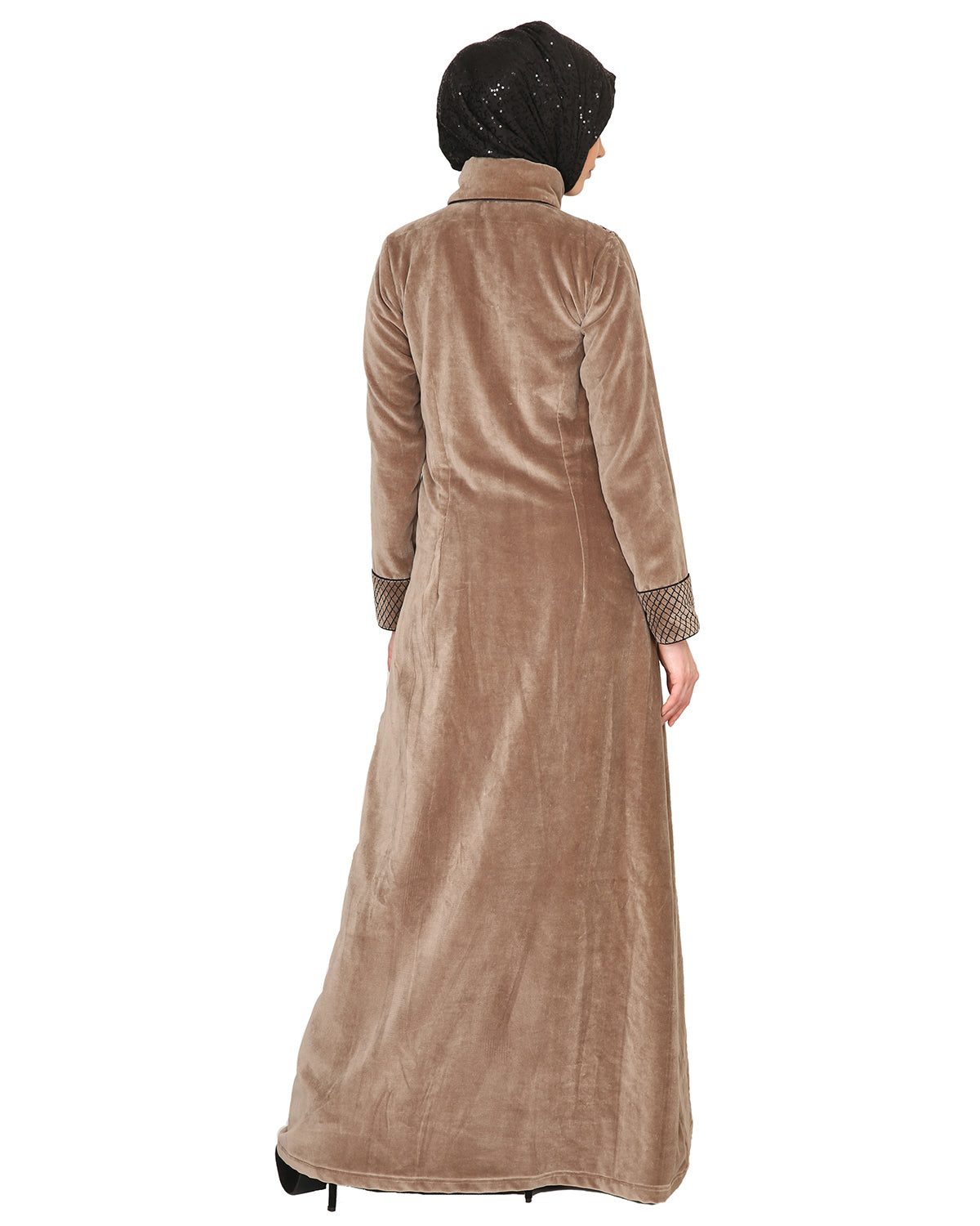 Oak-colored Velvet Coat-style Abaya Beige