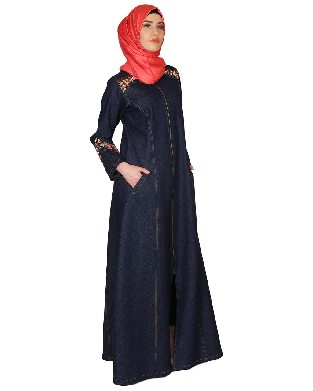 Denim Coat-abaya with pretty hand-embroidery Blue