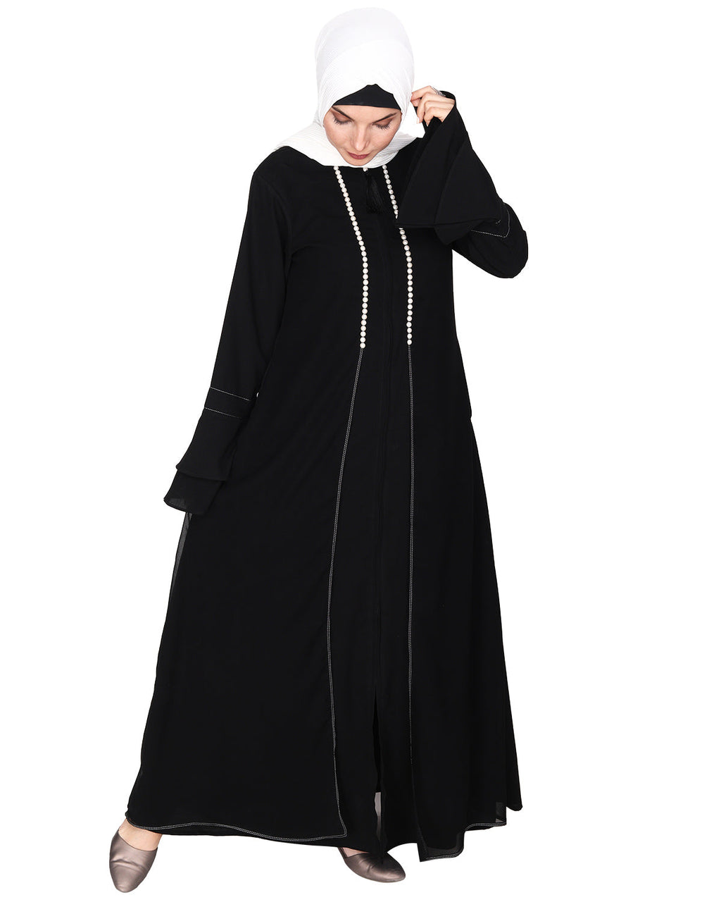 Abaya with Georgette Panel Lined with Pearls Black