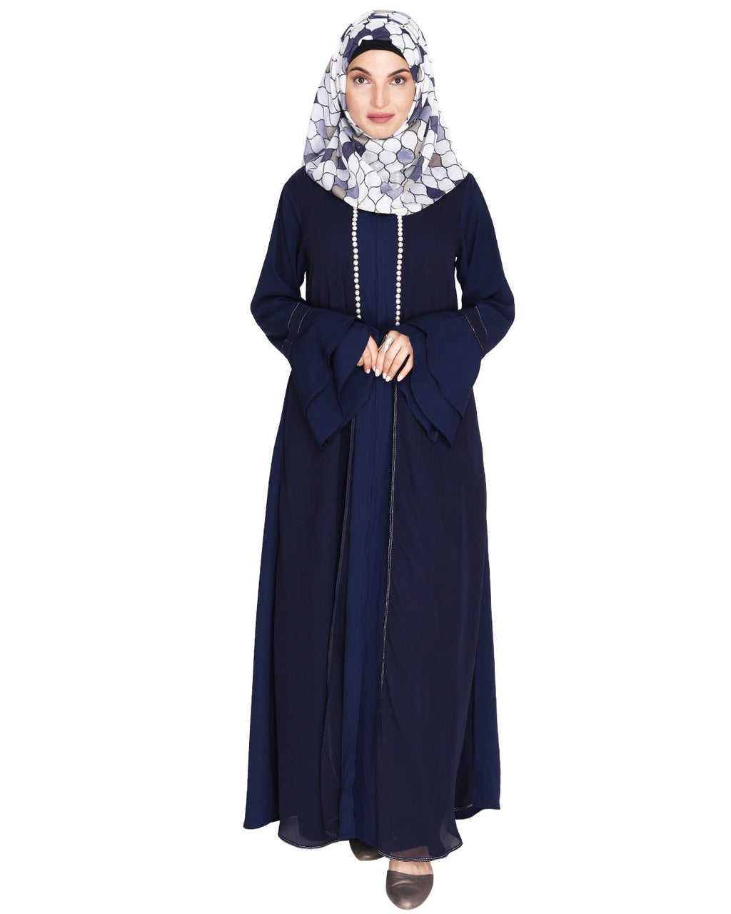 Abaya with Georgette Panel Lined with Pearls Blue