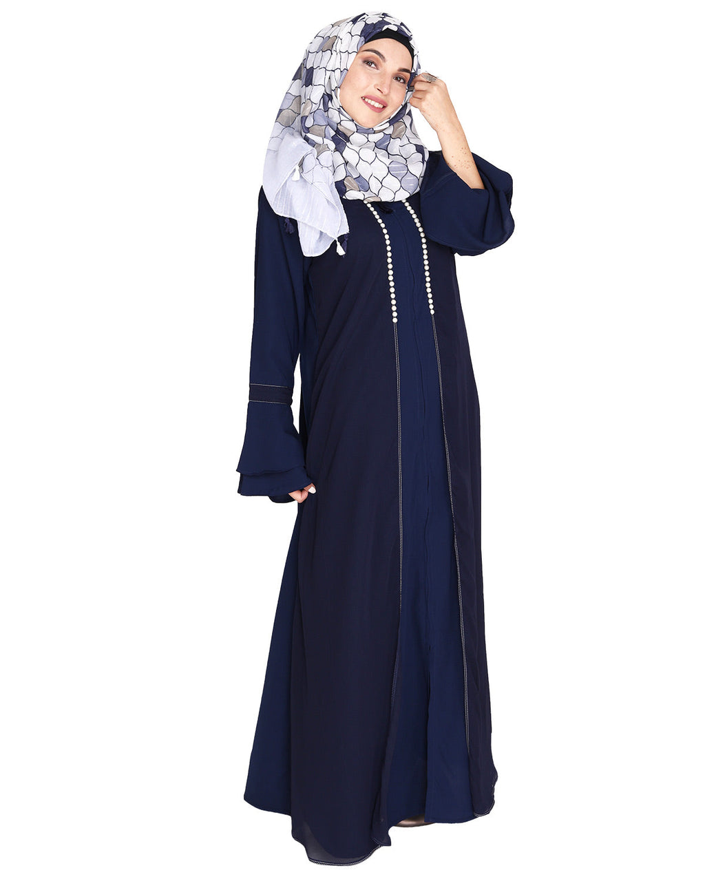 Abaya with Georgette Panel Lined with Pearls Blue
