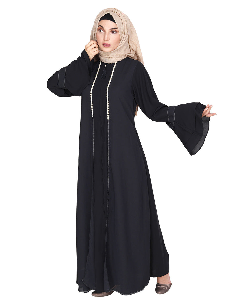 Abaya with Georgette Panel Lined with Pearls Dark Grey