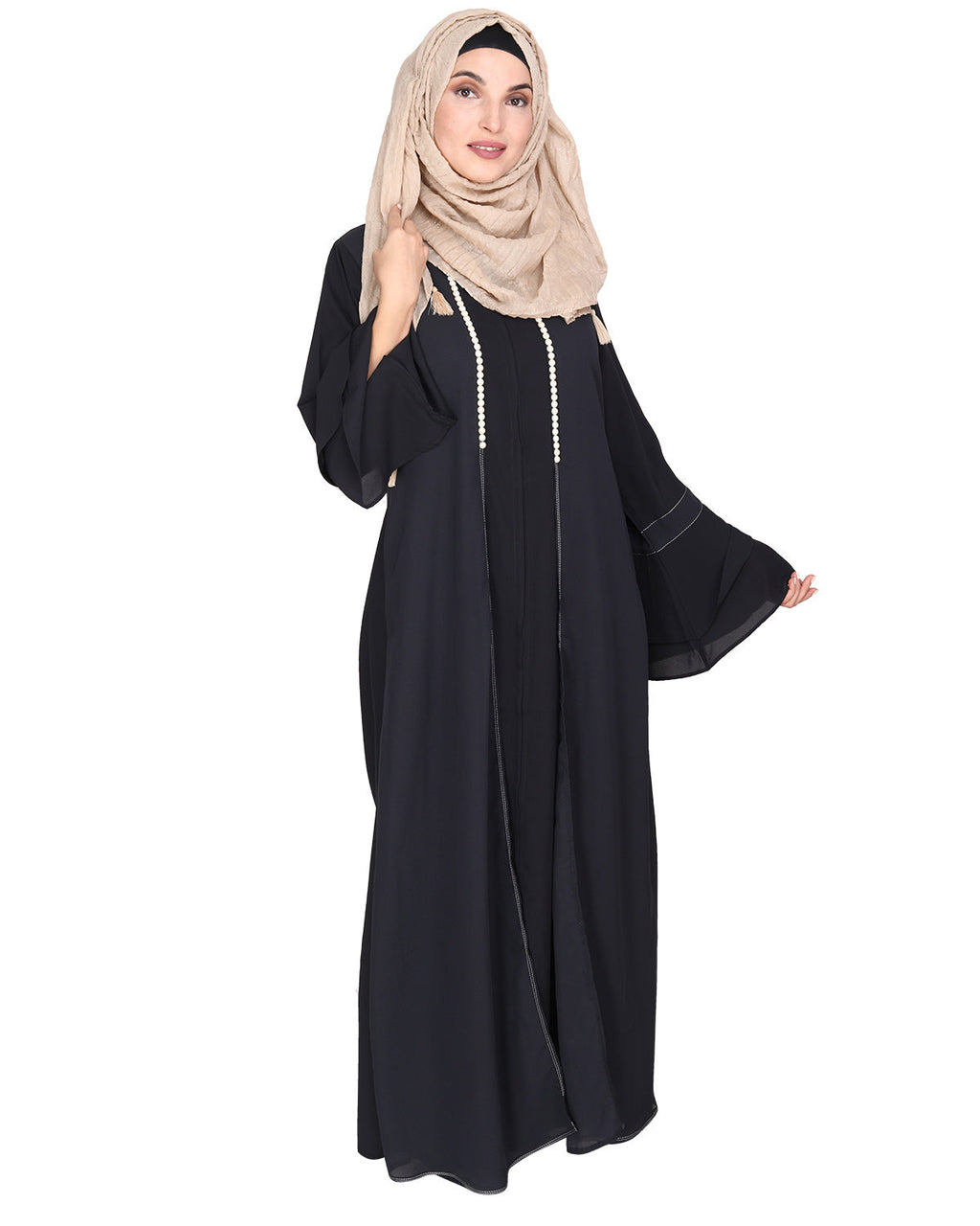 Abaya with Georgette Panel Lined with Pearls Dark Grey