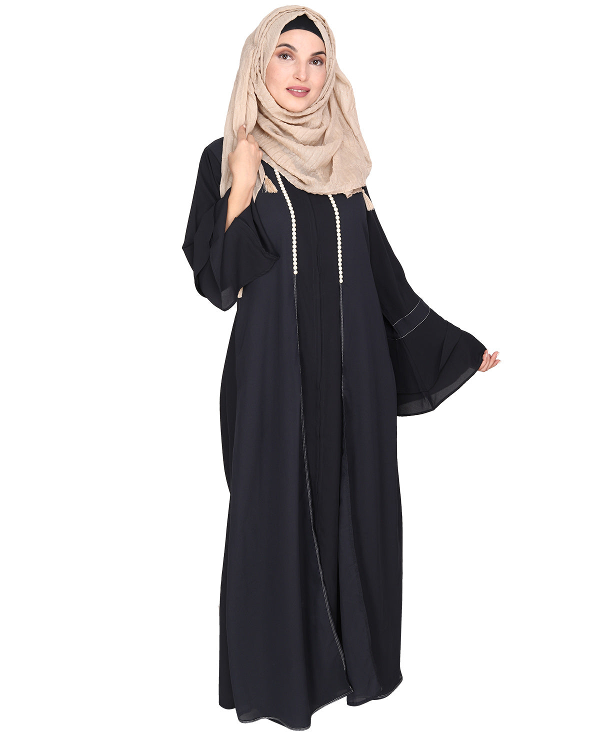 Abaya with Georgette Panel Lined with Pearls Dark Grey