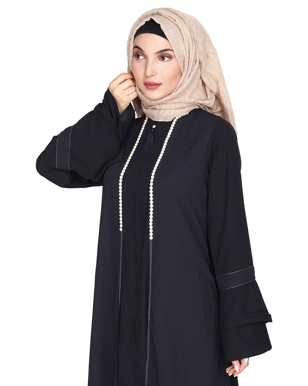 Abaya with Georgette Panel Lined with Pearls Dark Grey