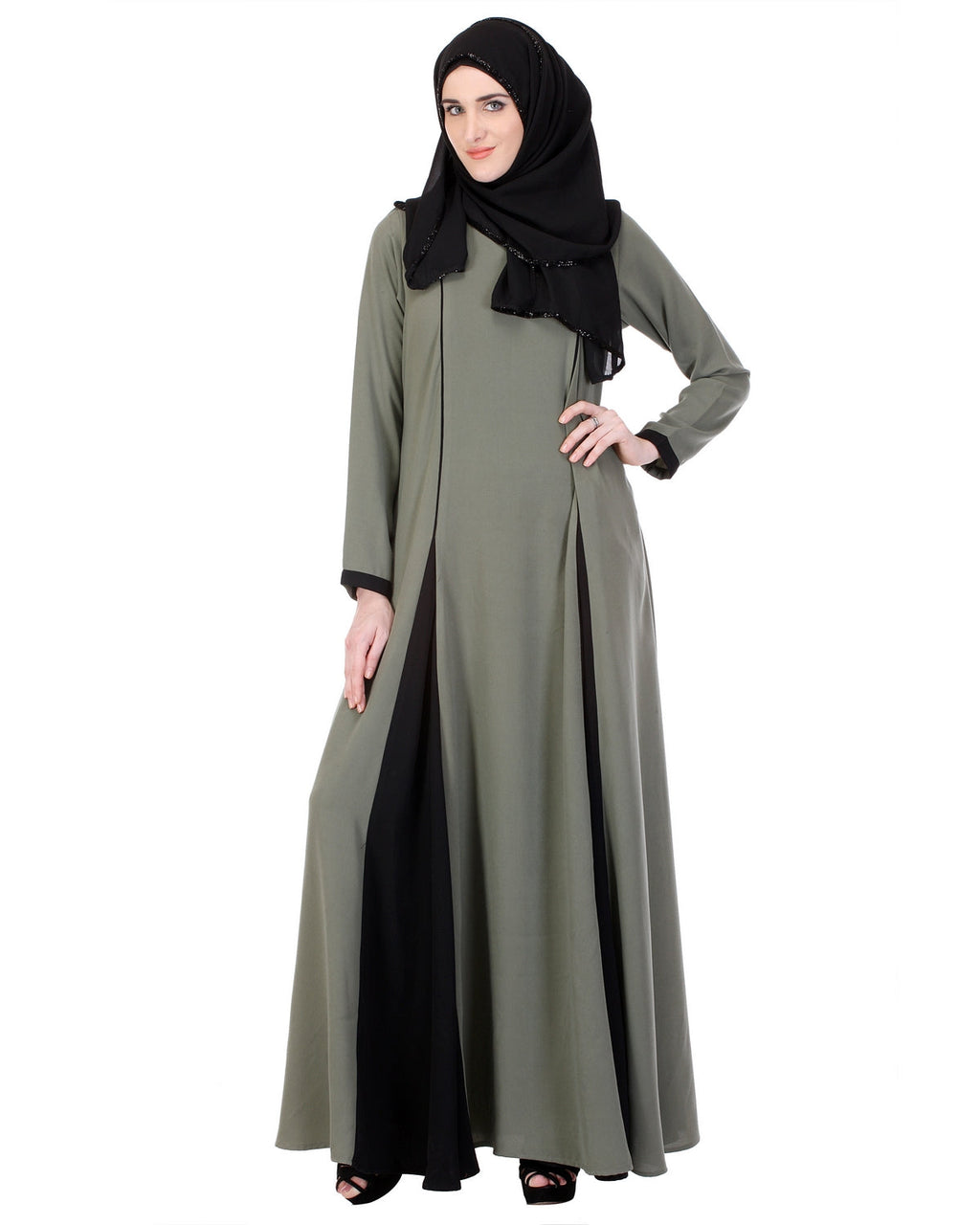 Inverted Pleat Frock Abaya Green & Black