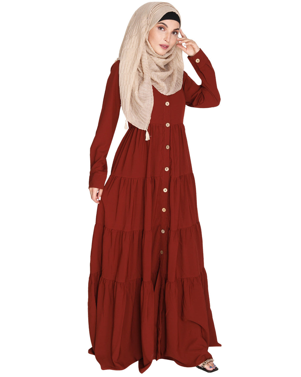 Contemporary Multi Layered Gather Dress Brick Red