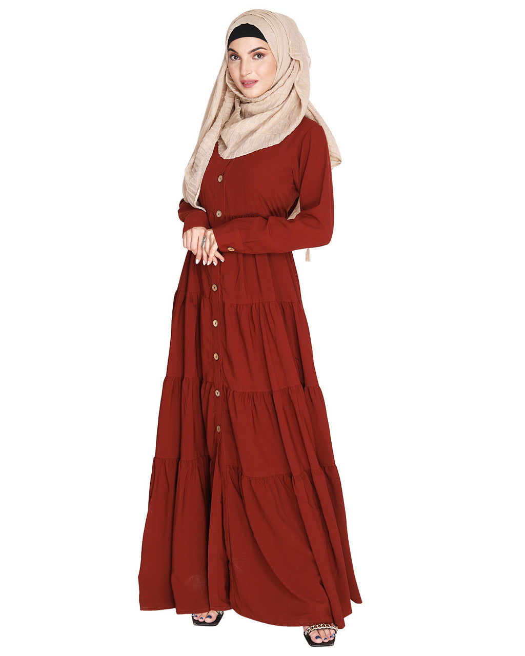 Contemporary Multi Layered Gather Dress Brick Red