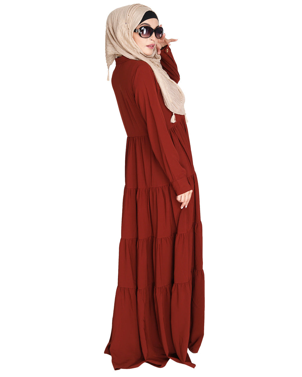 Contemporary Multi Layered Gather Dress Brick Red