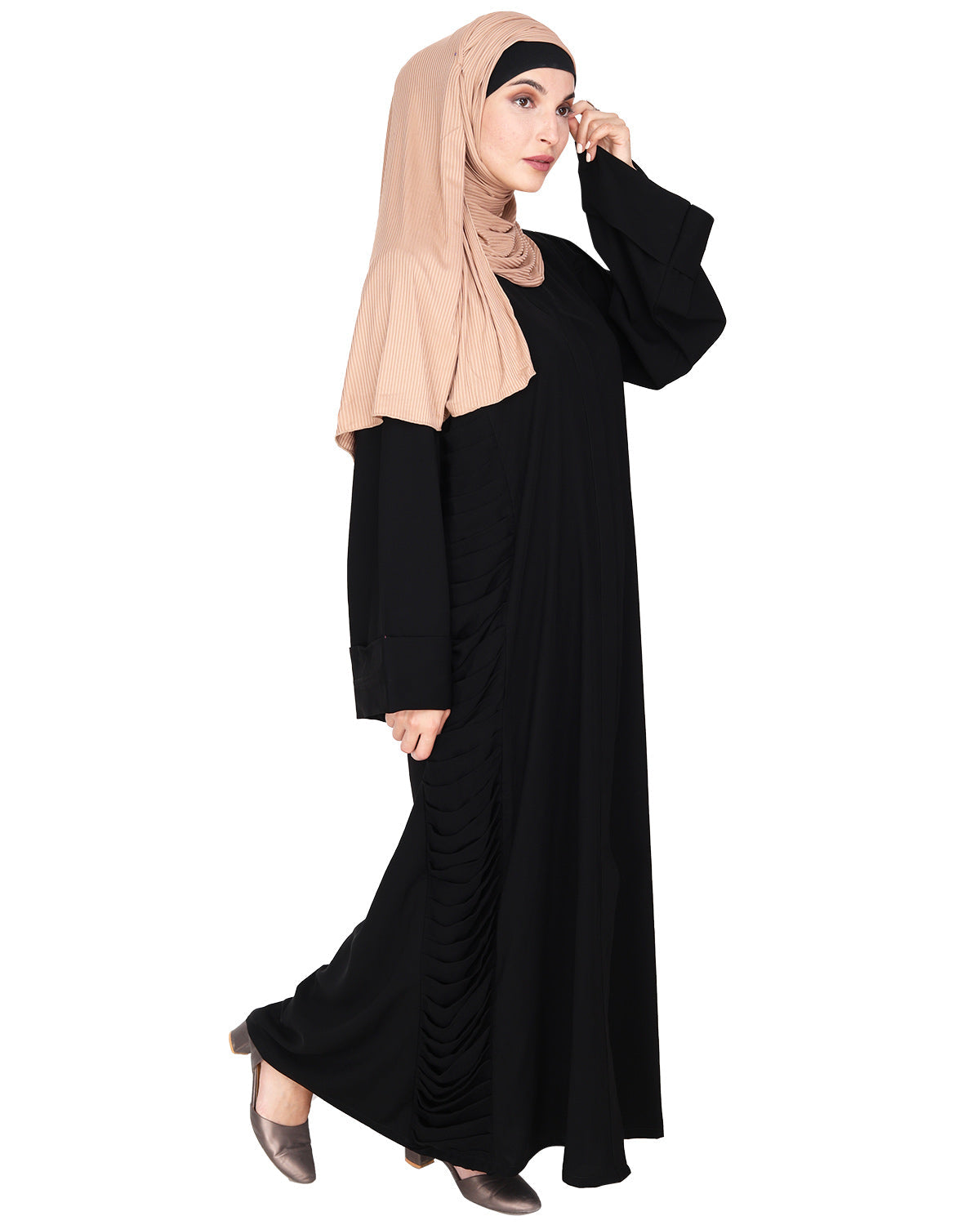 Tinselled Abaya with Frilled Side Panels Black S