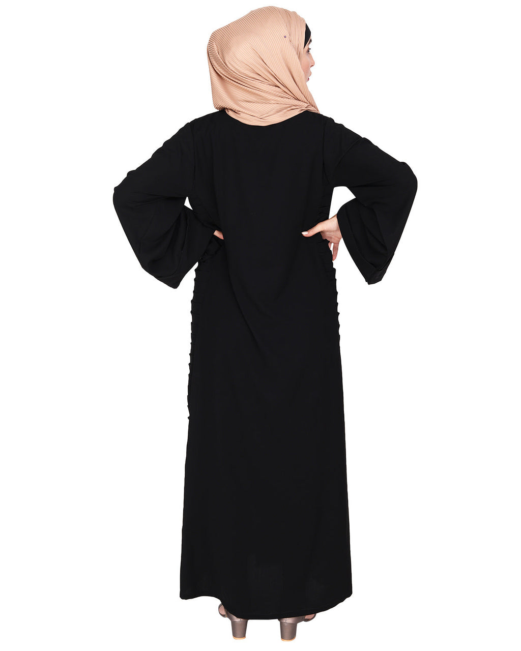 Tinselled Abaya with Frilled Side Panels Black S