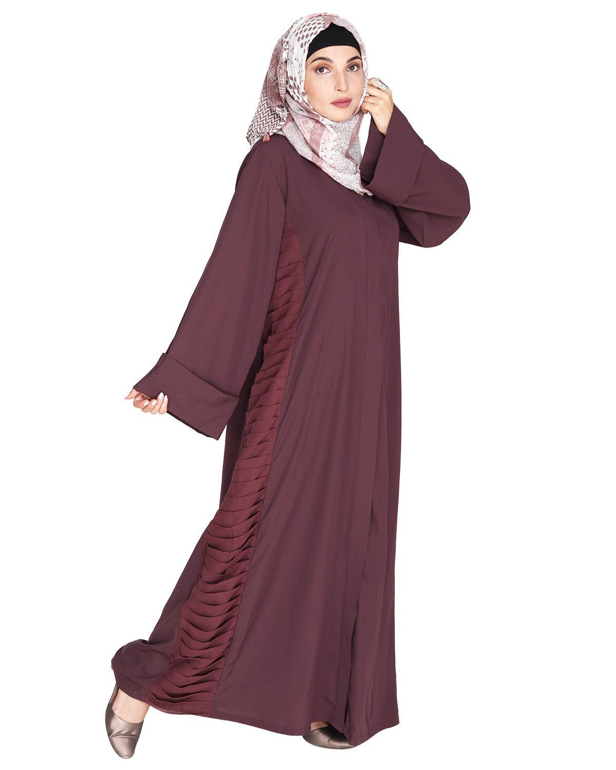 Tinselled Abaya with Frilled Side Panels Maroon S