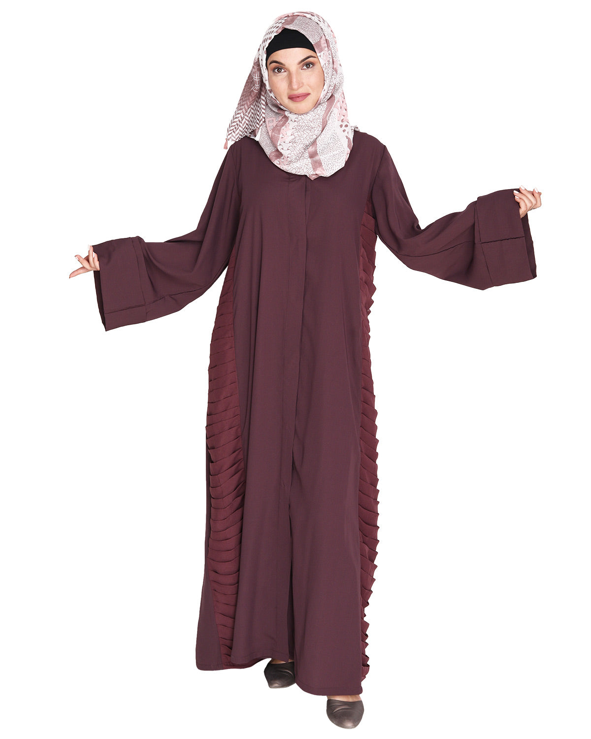 Tinselled Abaya with Frilled Side Panels Maroon S