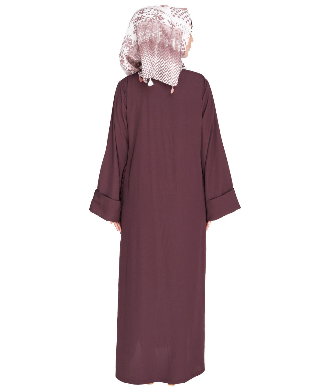 Tinselled Abaya with Frilled Side Panels Maroon S
