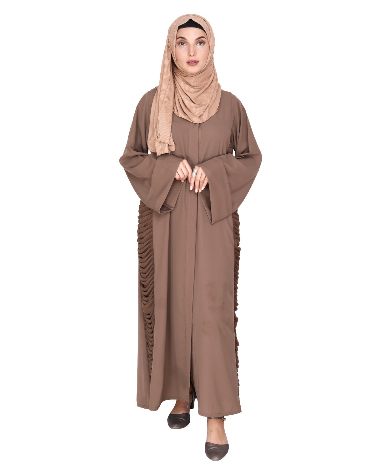 Tinselled Abaya with Frilled Side Panels Oak Brown S