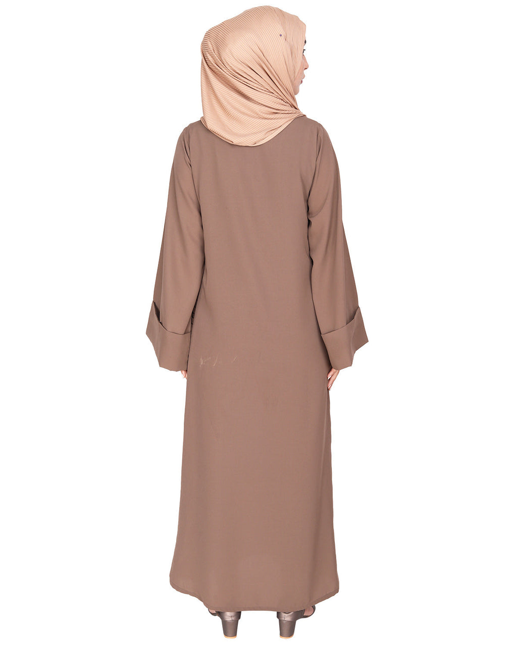 Tinselled Abaya with Frilled Side Panels Oak Brown S