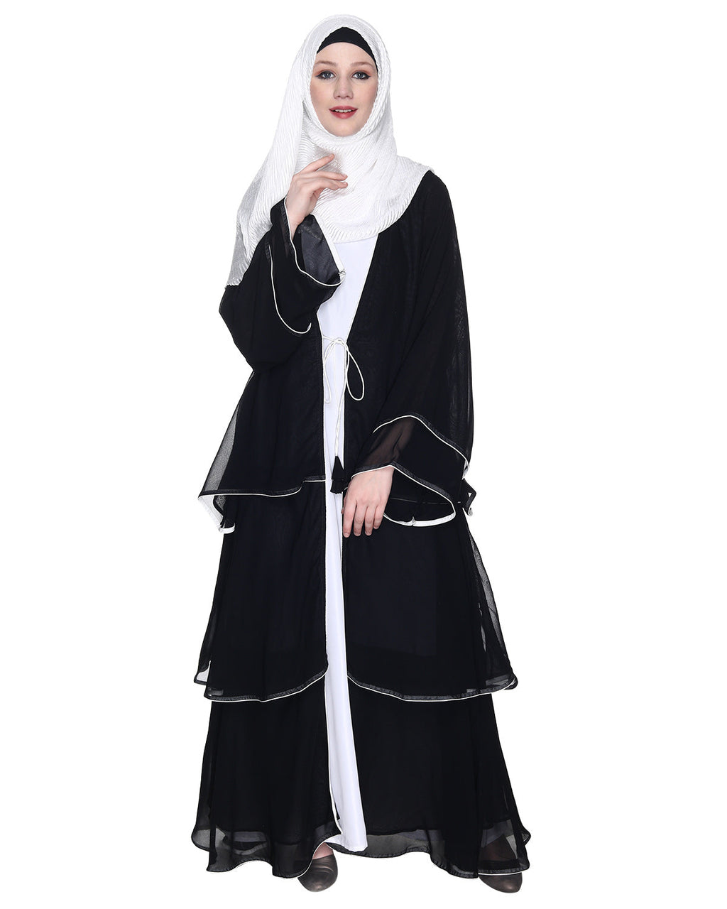 Multi Layer Shrug Style Georgette Abaya Black