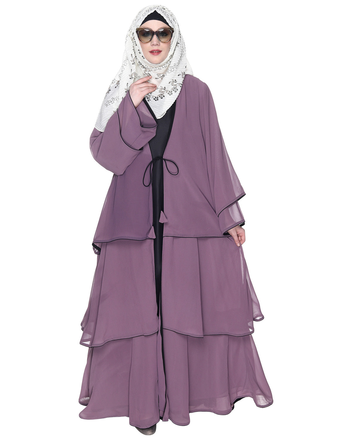 Multi Layer Shrug Style Georgette Abaya Light Purple