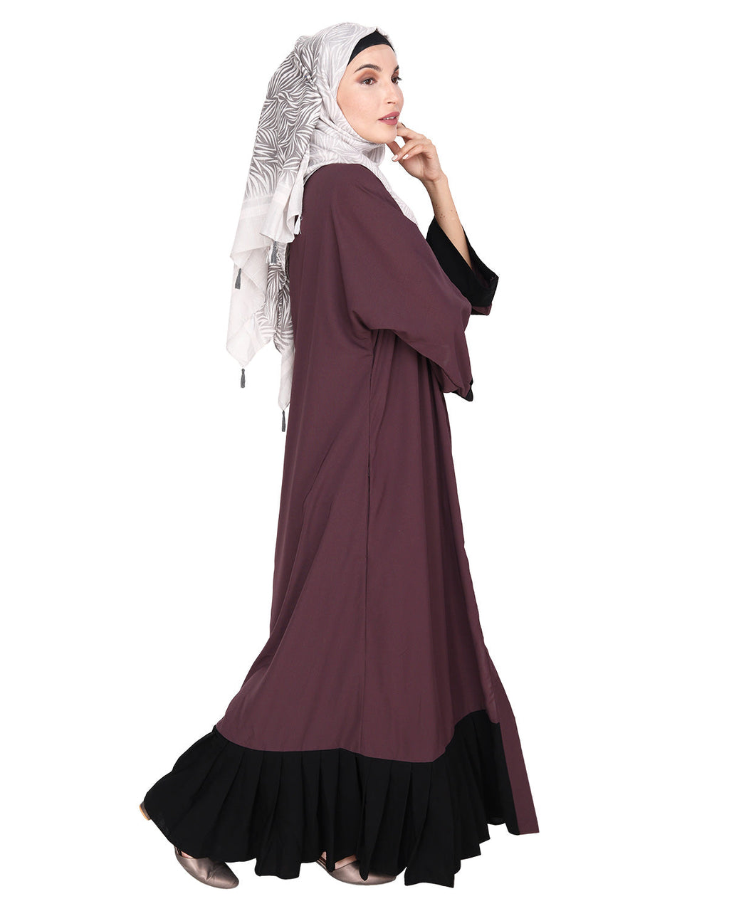Imperial Purple and Black Pleated Bliss Dubai Style Abaya Imperial Purple & Black