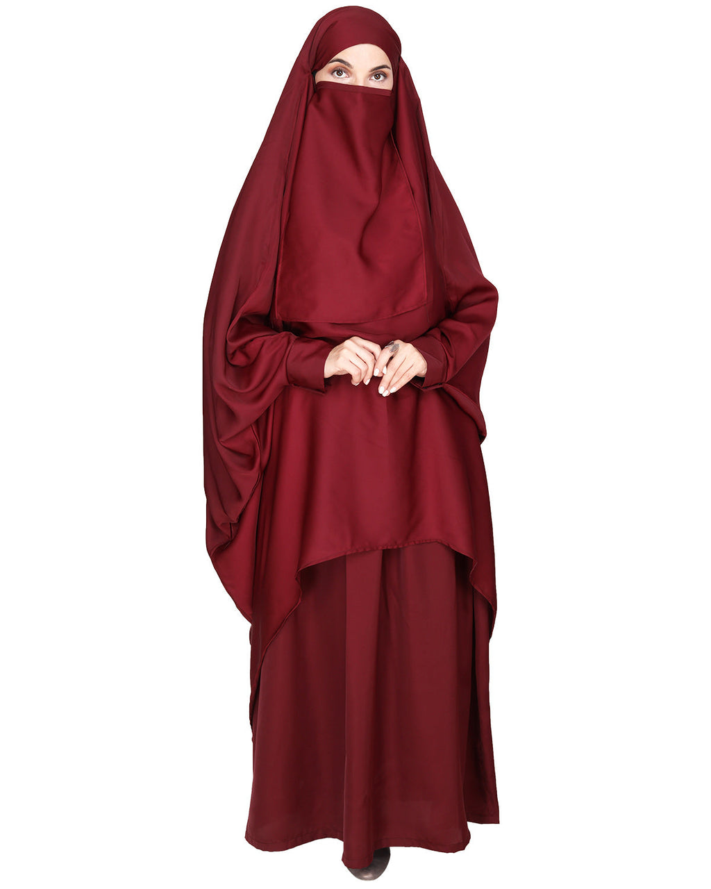 Luxurious Designer Khimar and Skirt Jilbab Set Maroon