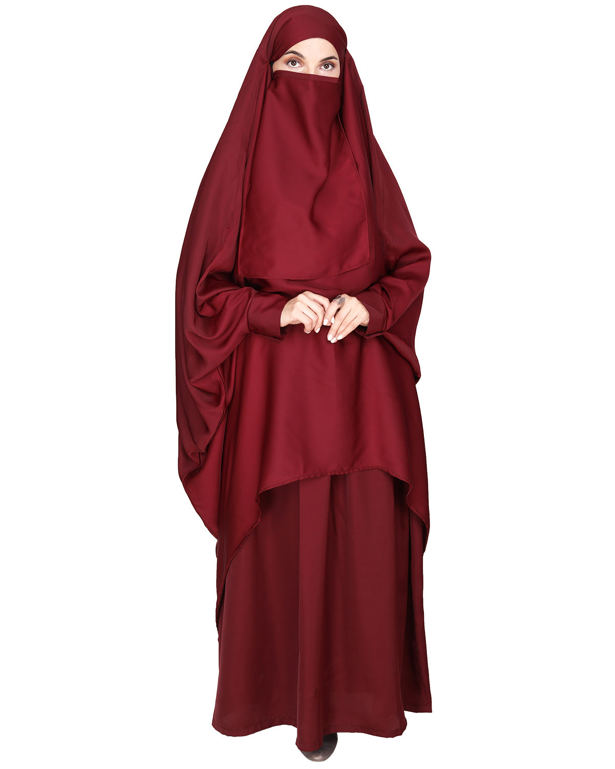 Luxurious Designer Khimar and Skirt Jilbab Set Maroon