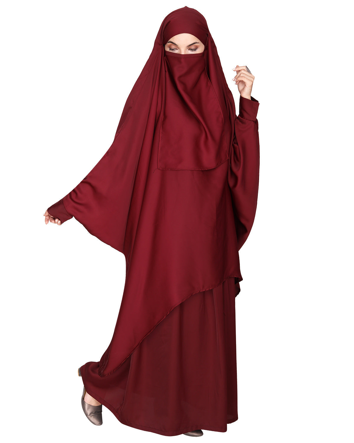 Luxurious Designer Khimar and Skirt Jilbab Set Maroon