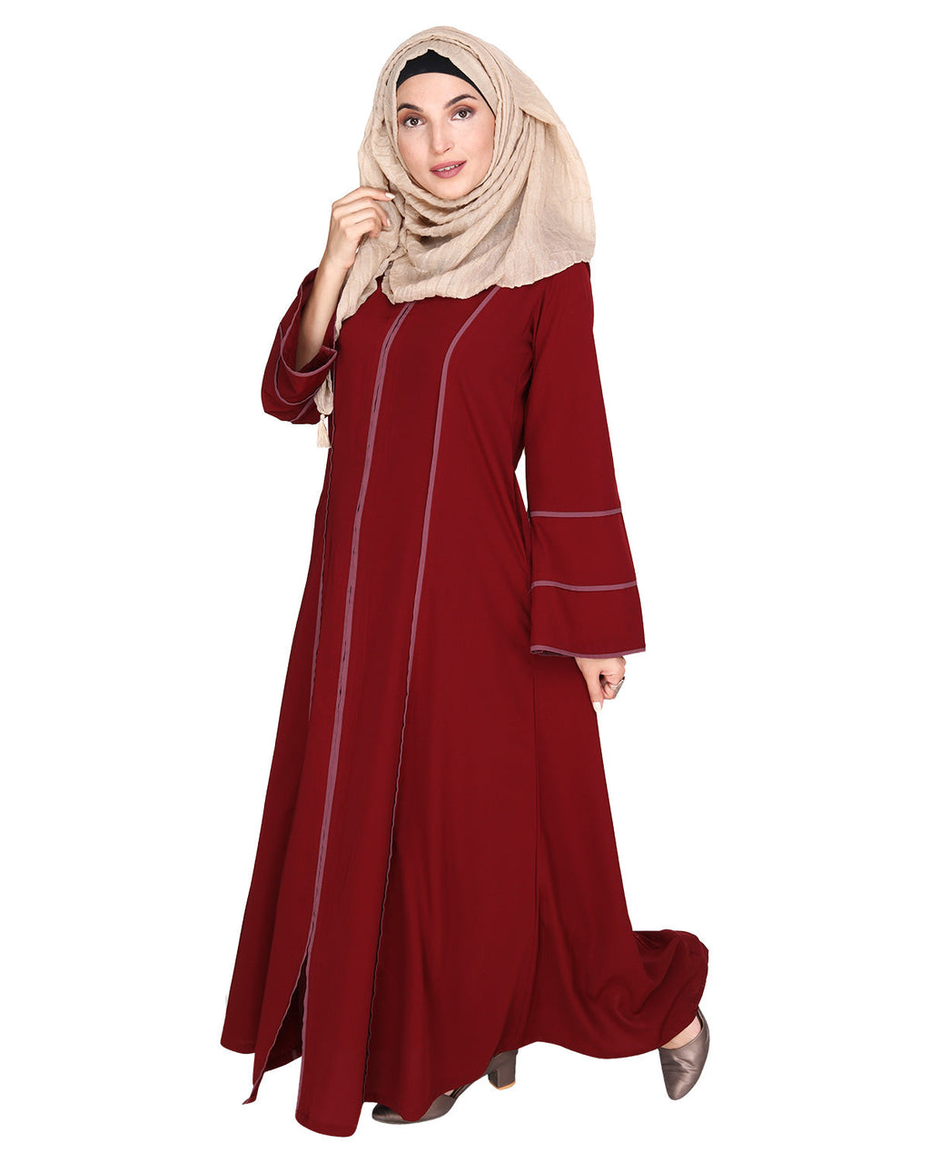 Snazzy Abaya with Sage Green Piping Design Maroon