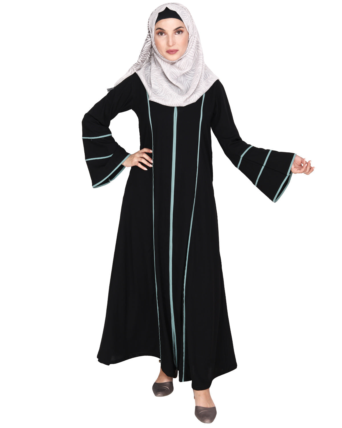 Snazzy Abaya with Sage Green Piping Design Dead Mint