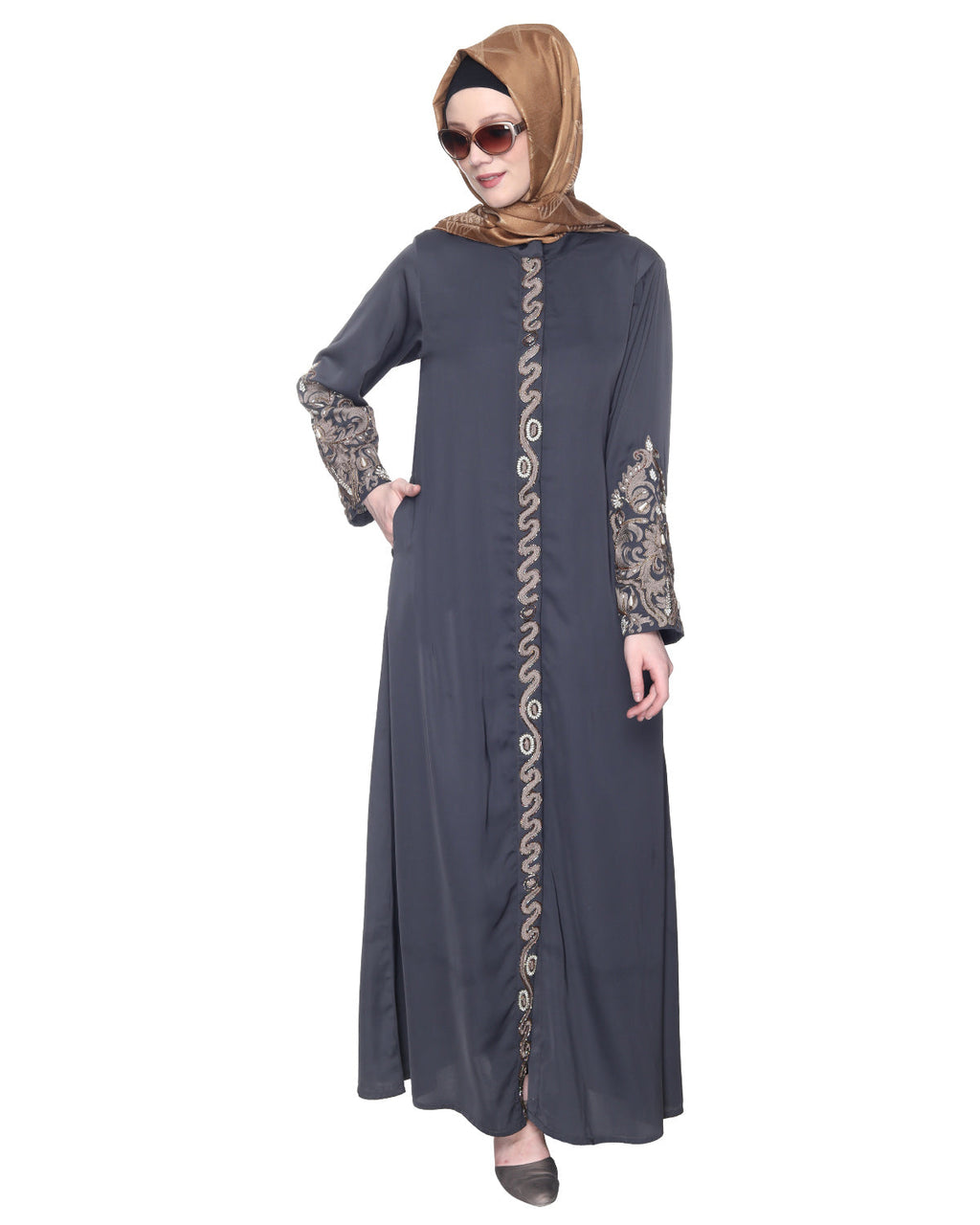 Opulent Hand Embroidered Luxury Abaya Dark Grey
