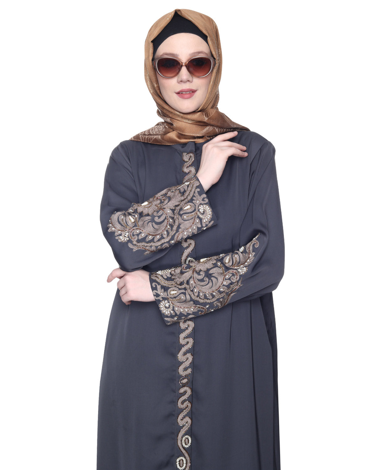 Opulent Hand Embroidered Luxury Abaya Dark Grey