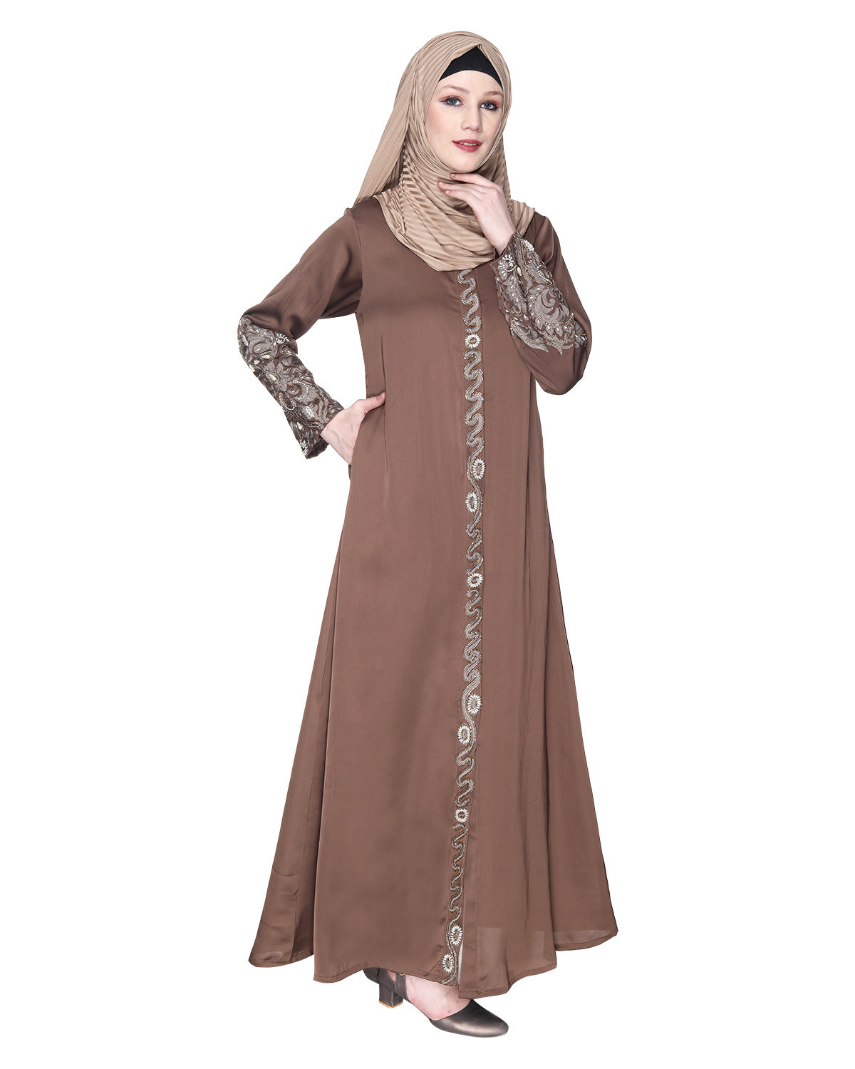Opulent Hand Embroidered Luxury Abaya Oak Brown