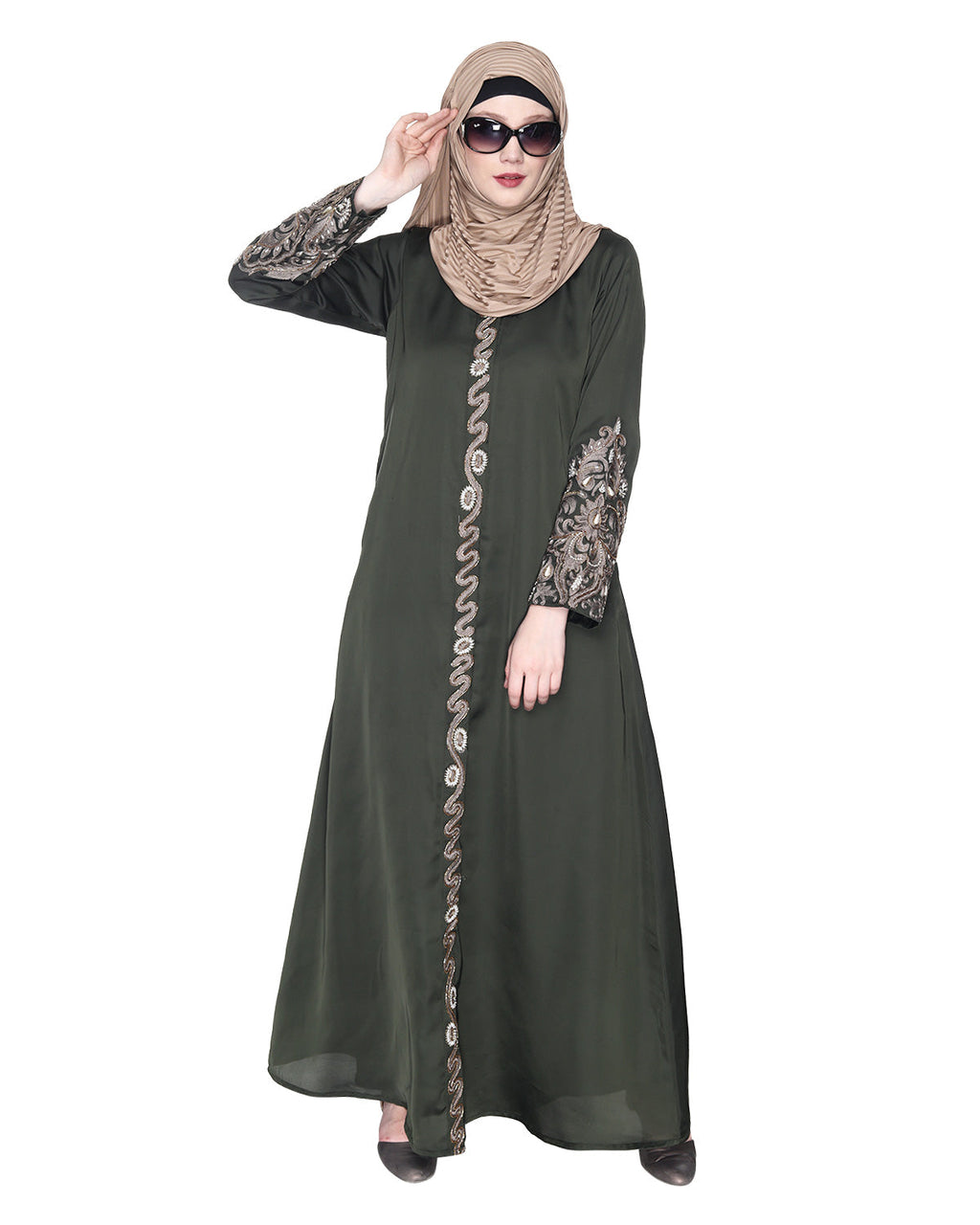 Opulent Hand Embroidered Luxury Abaya Olive