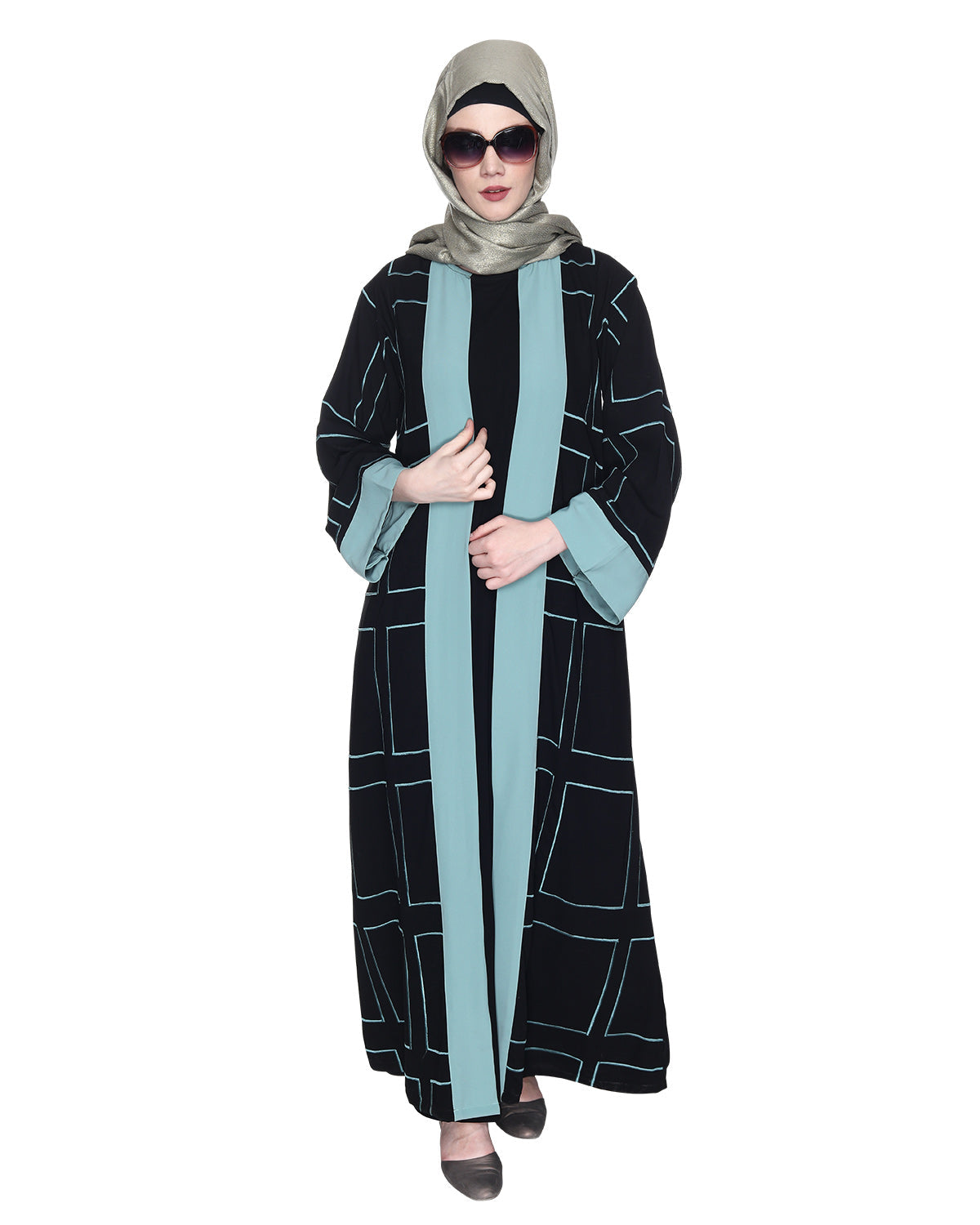 Designer Shrug Style Closed Abaya Black & Sea Green