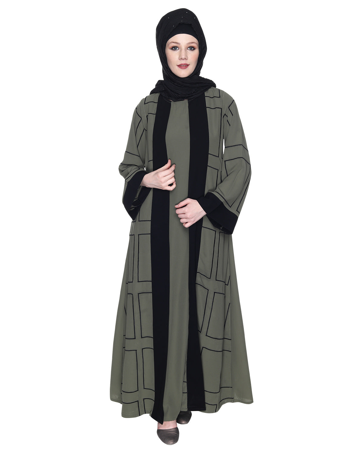 Designer Shrug Style Closed Abaya Dead Mint & Black