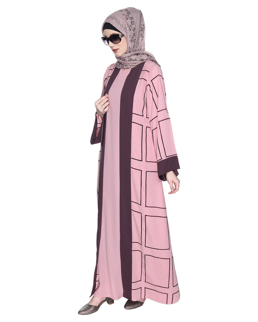 Designer Shrug Style Closed Abaya Pink & Brown