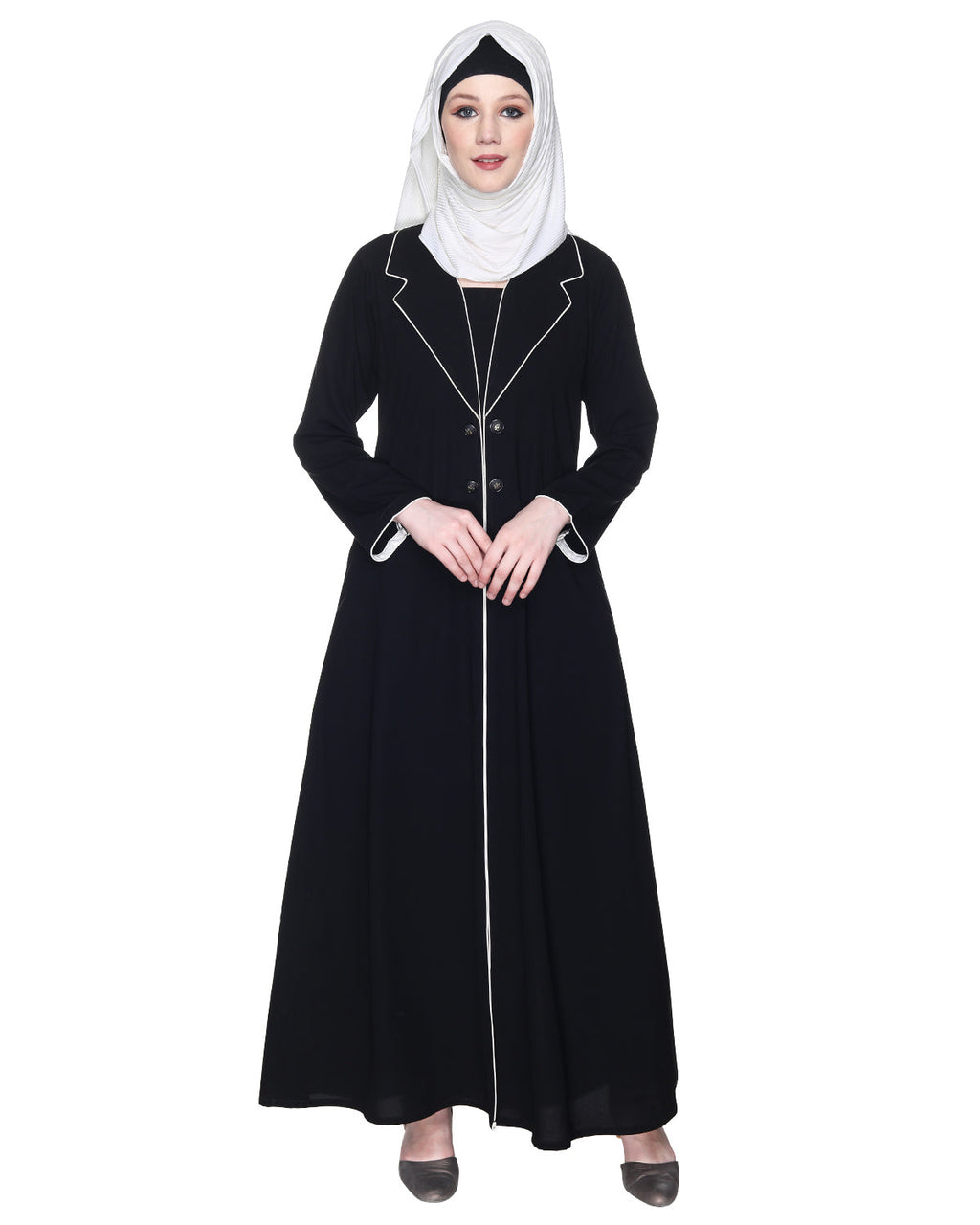 Stylish Coat Style Abaya With White Piping Purple